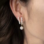 Designer model ~ fashion and high-end sense thick plated 18K real gold glass pearl geometric light luxury earrings zircon earrings for women - Image 2