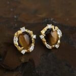 Natural tiger's eye! Designer micro-inlaid zircon electroplated 18K real gold color preservation geometric high-end earrings - Image 2