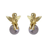 Original thick plated 18K real gold angel pearl stud earrings French romantic light luxury s925 silver needle high-end earrings - Image 5