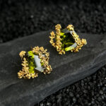 Original thick plated 18K real gold olive green zircon flower stud earrings light luxury French vine s925 silver needle earrings for women - Image 5
