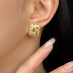 Original thick plated 18K real gold color preservation micro-inlaid zirconia square geometric high-end sense versatile simple earrings stud earrings for women - Image 2