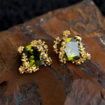 Original thick plated 18K real gold olive green zircon flower stud earrings light luxury French vine s925 silver needle earrings for women - Image 3