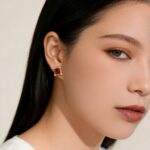 Vintage luxury square garnet stud earrings with small diamonds, suitable for daily wear and banquets, burgundy and gold tone, inlay craftsmanship, diamond setting. - Image 3