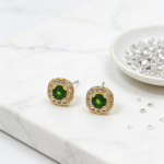 Natural Diopside Halo Stud Earrings, Two Tone 925 Sterling Silver Green Crystal Earrings, Dainty Vintage Style Everyday Jewelry, Gift for Her - Image 3