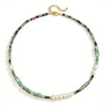 Freshwater Pearl & Natural Stone Beaded Necklace & Bracelet, Maillard Style Green Spot Stone Sweater Chain - Daily & Party Wear, Autumn/Winter Outfit, Green-White-Gold Color Scheme - Image 2