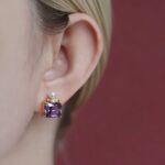 Luxury Elegant Square Crystal, Pearl & Bowknot Stud Earrings For Evening & Daily Wear, Vintage Perfume Bottle Design, 18K Gold Amethyst, Zircon & Pearl Earrings - Image 2