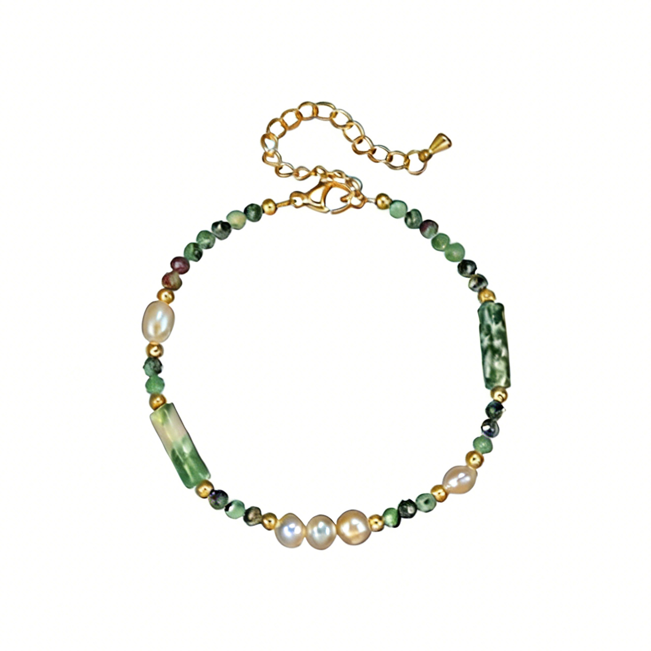 BDyHLdsUKBXBgLiiky0fHC.jpg Freshwater Pearl & Natural Stone Beaded Necklace & Bracelet, Maillard Style Green Spot Stone Sweater Chain - Daily & Party Wear, Autumn/Winter Outfit, Green-White-Gold Color Scheme - Image 1