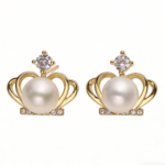Copper-plated 18K gold crown zirconia pearl earrings with S925 silver posts and open backs