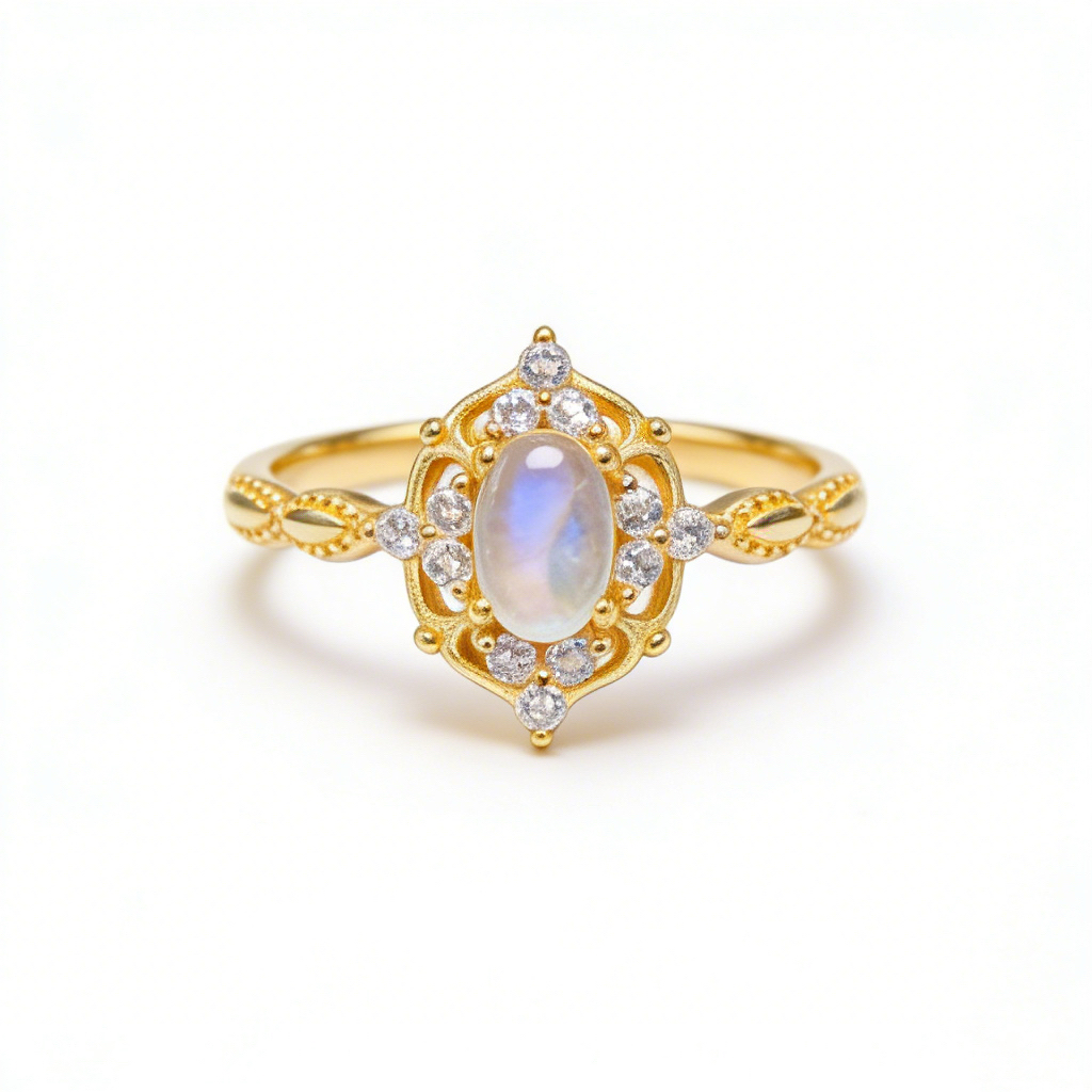 IMG_2049 Vintage Style 925 Silver Plated 18K Gold Natural Blue Moonstone Ring - Colorful Gemstone Jewelry - Image 1