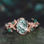 Oval Cut Green Moss Agate Ring, Rose Gold Vine Design Ring, Natural Moss Agate Engagement Ring for Women, Vintage Nature-Inspired Jewelry - Image 3