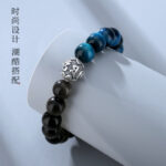 Pure Silver 999 Six-Character Mantra Bracelet for Men, Vintage Natural Obsidian and Blue Sapphire Tiger's Eye - Image 5