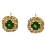 Natural Diopside Halo Stud Earrings, Two Tone 925 Sterling Silver Green Crystal Earrings, Dainty Vintage Style Everyday Jewelry, Gift for Her