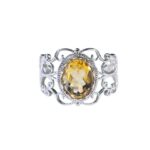 Vintage Filigree Natural Citrine Ring, 925 Sterling Silver Intertwined Vines Statement Ring