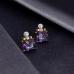 Luxury Elegant Square Crystal, Pearl & Bowknot Stud Earrings For Evening & Daily Wear, Vintage Perfume Bottle Design, 18K Gold Amethyst, Zircon & Pearl Earrings - Image 3