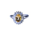 Elegant Vintage Style Oval Natural Yellow Citrine Sunburst Ring with Tapered Baguette Accents, 925 Sterling Silver, Statement Jewelry for Evening Occasions
