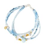 Ocean Letter Natural Aquamarine Multi-Layer Bracelet, S925 Silver Adjustable Clasp Handmade Jewelry
