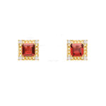 Vintage luxury square garnet stud earrings with small diamonds, suitable for daily wear and banquets, burgundy and gold tone, inlay craftsmanship, diamond setting.