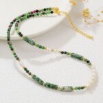 Freshwater Pearl & Natural Stone Beaded Necklace & Bracelet, Maillard Style Green Spot Stone Sweater Chain - Daily & Party Wear, Autumn/Winter Outfit, Green-White-Gold Color Scheme - Image 5