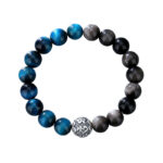 Pure Silver 999 Six-Character Mantra Bracelet for Men, Vintage Natural Obsidian and Blue Sapphire Tiger's Eye