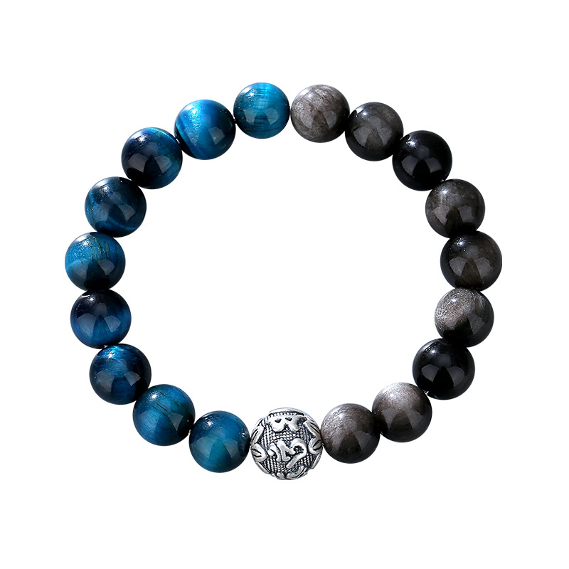 O1CN01qbMwlU1QuXNMZZEr0_2214549972036-0-cib.jpg Pure Silver 999 Six-Character Mantra Bracelet for Men, Vintage Natural Obsidian and Blue Sapphire Tiger's Eye - Image 1