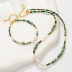 Freshwater Pearl & Natural Stone Beaded Necklace & Bracelet, Maillard Style Green Spot Stone Sweater Chain - Daily & Party Wear, Autumn/Winter Outfit, Green-White-Gold Color Scheme - Image 7