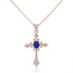Natural Sapphire Cross Pendant Necklace, S925 Silver Vintage Religious Jewelry for Women