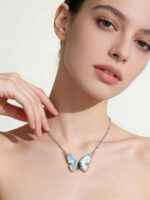 Luxury Delicate Natural Diopside White Shell Butterfly Necklace Green Inlaid S925 Silver - Image 2