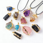 Boho Gold-Plated Natural Raw Crystal Pendant Necklace, Irregular Amethyst Rose Quartz Citrine Clear Quartz