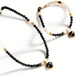 Luxury Dainty S925 Sterling Silver Heart Natural Black Onyx Healing Energy Crystal Beaded Necklace & Bracelet