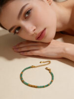 Retro Natural Green Chalcedony Gemstone Bracelet, Handcrafted with Crushed Silver Beads - Image 2